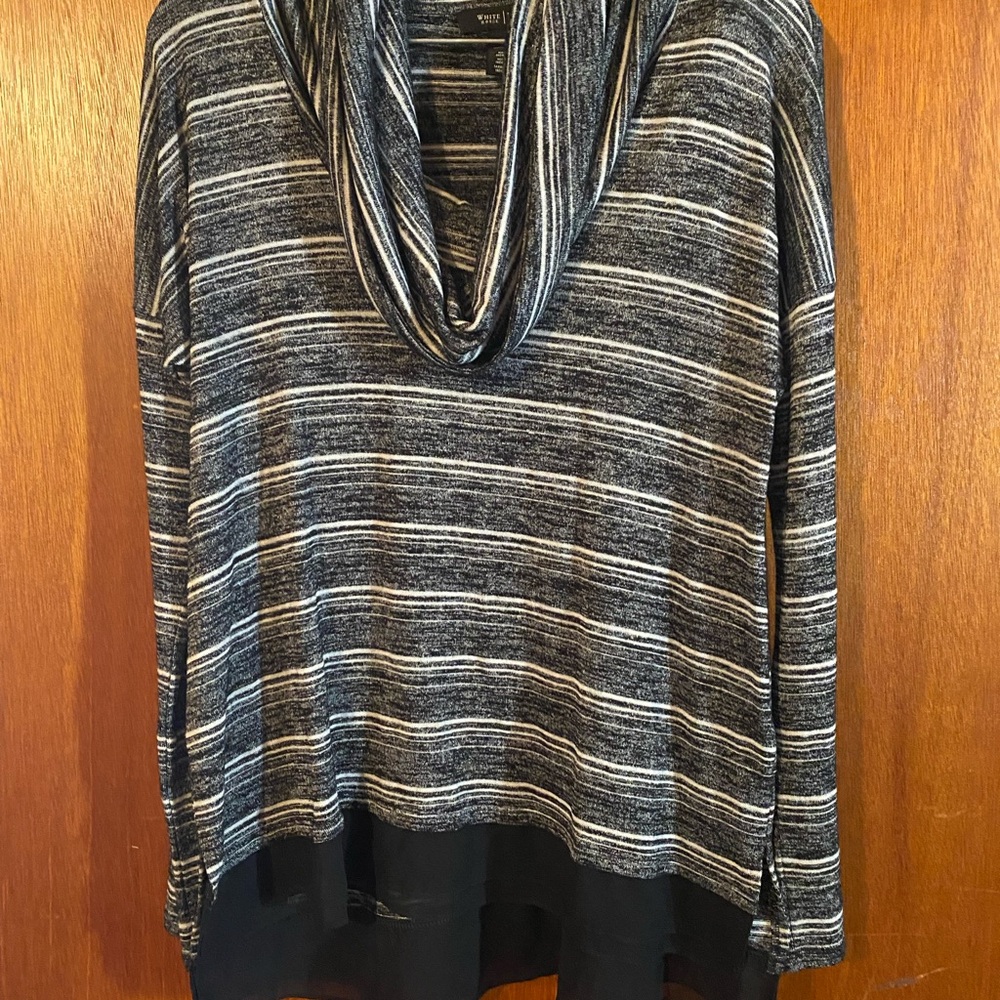 White House Black Market Black and Gray Striped Cowl Neck Sweater